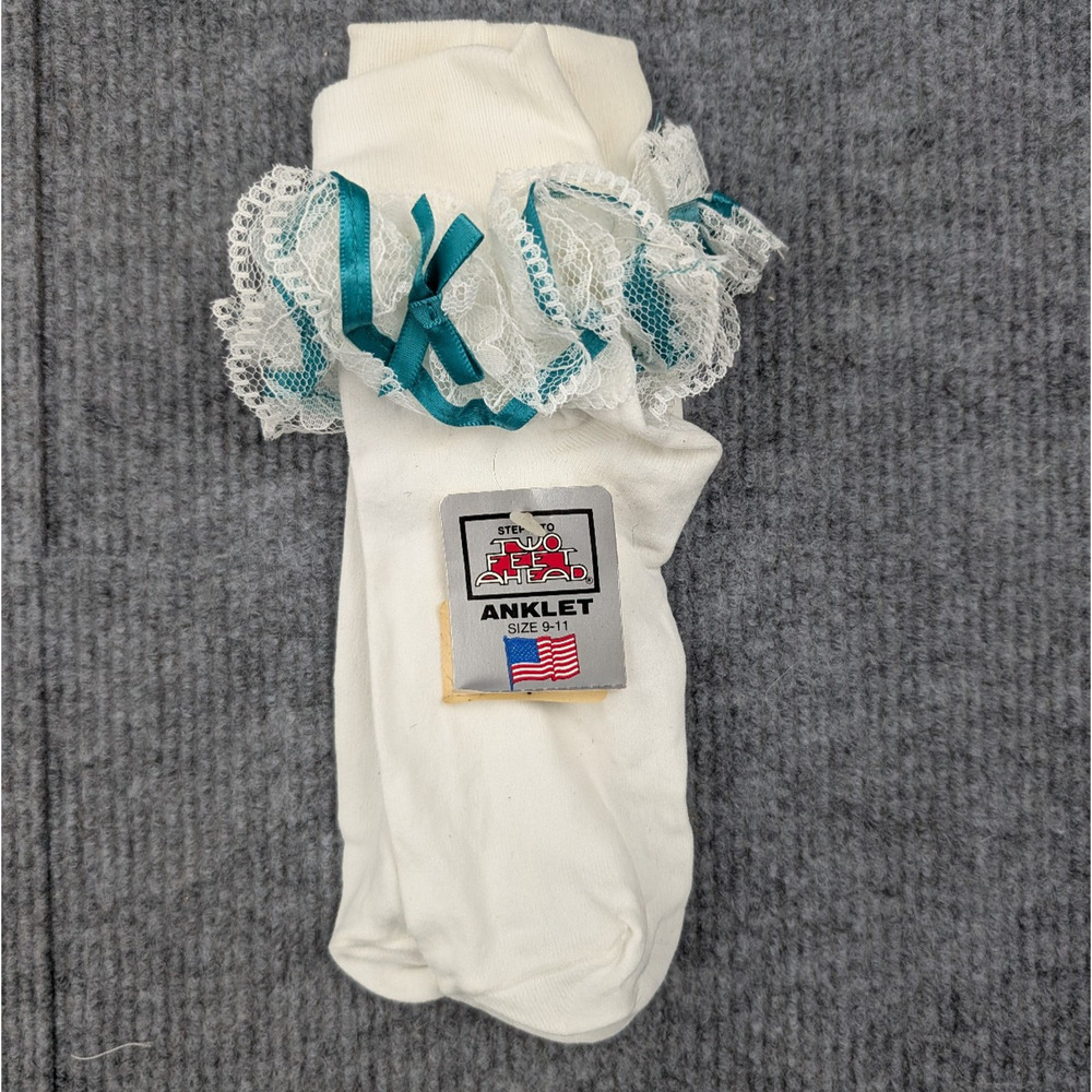 Vintage Lace Ruffle Socks Womens 9-11 Nylon Coquette White Teal Frilly Girly 90s